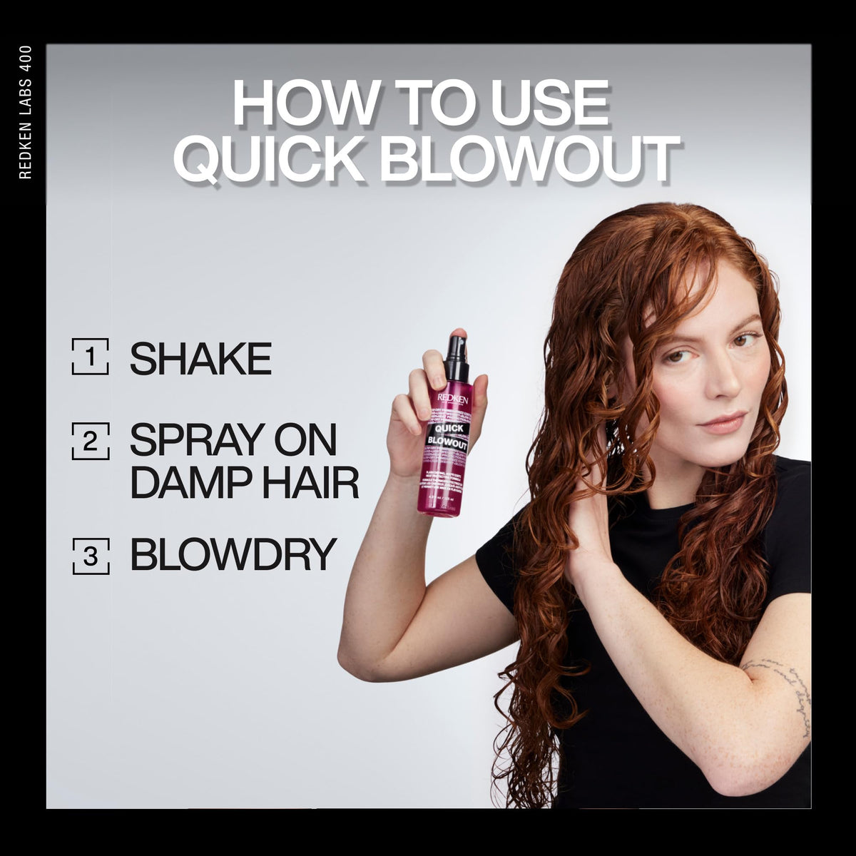 Redken Quick Blowout Heat Protectant Spray application on damp hair