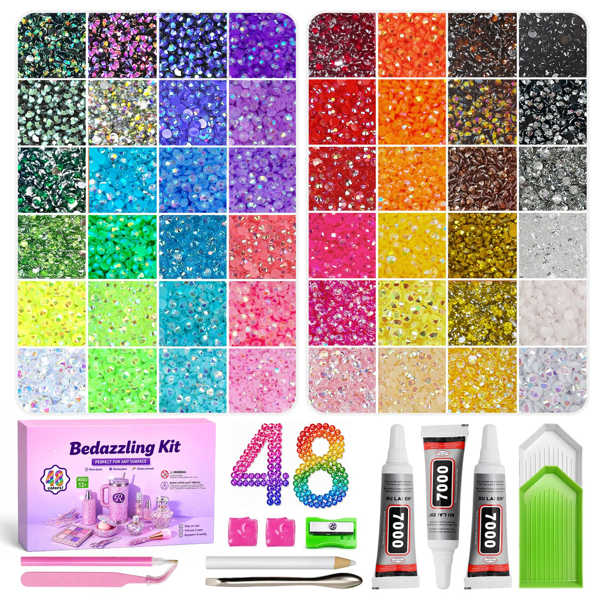 Redtwo 48 Colors Resin Jelly Rhinestones Bedazzling Kit front view with assorted colours