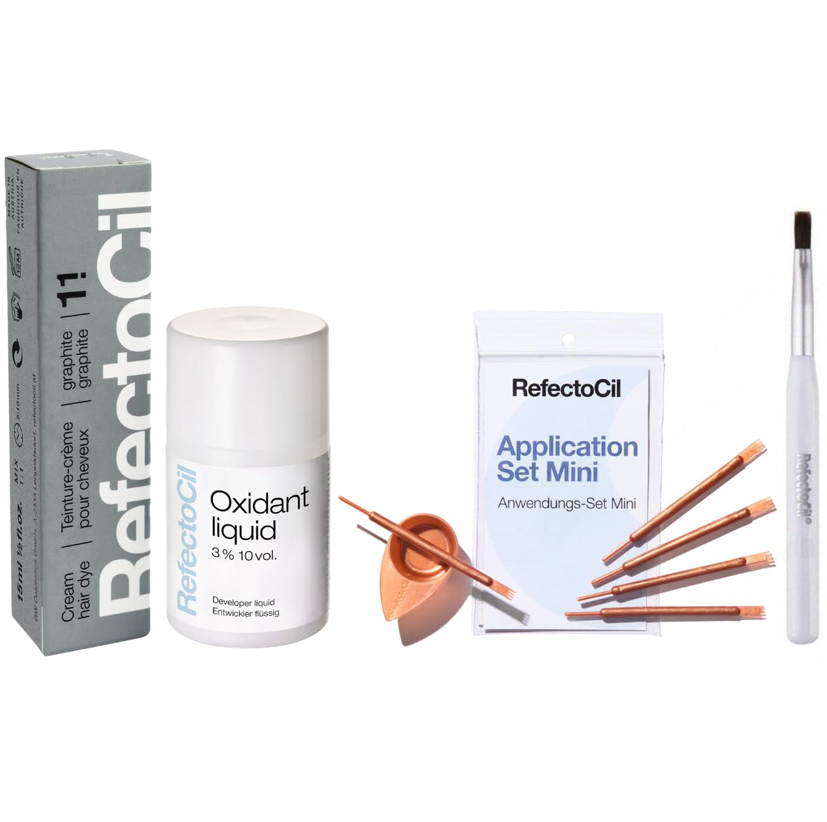 RefectoCil Hair Tinting Kit Graphite #1.1 front view with cream dye and developer