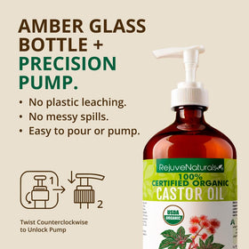 RejuveNaturals Castor Oil 16oz glass bottle on a vanity