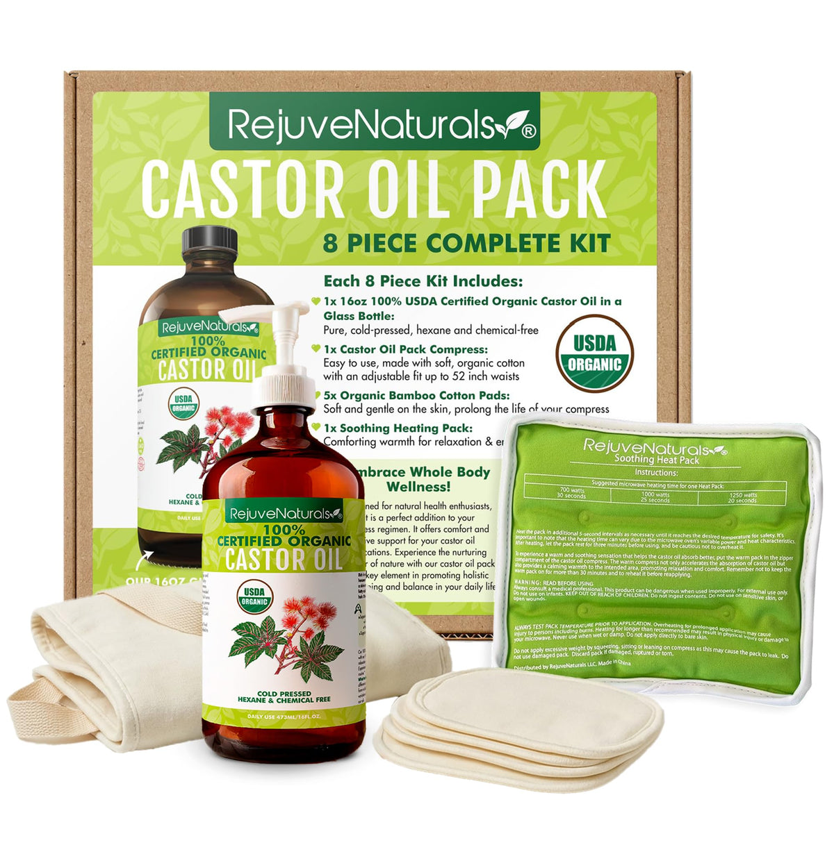 RejuveNaturals Castor Oil Pack Kit with 16oz glass bottle of organic castor oil