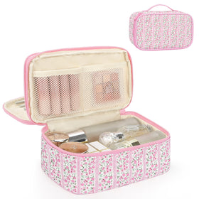 Relavel Cute Pink Makeup Bag front view with dual-layer design