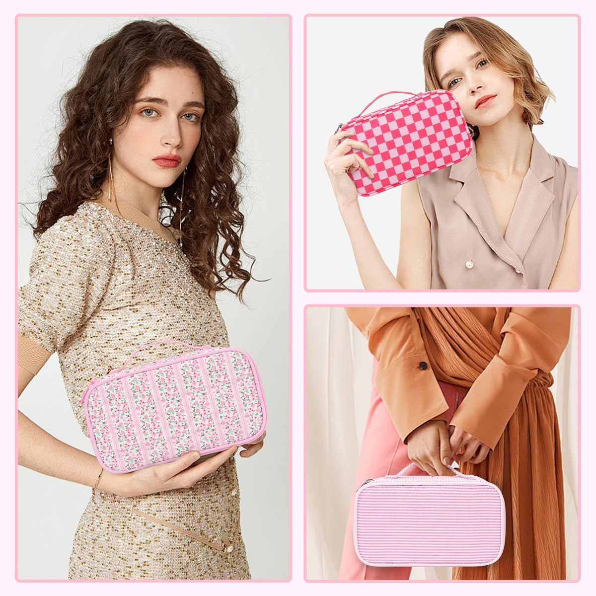 Relavel Cute Pink Makeup Bag in a travel setting