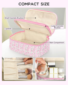 Relavel Cute Pink Makeup Bag inside view with organized cosmetics