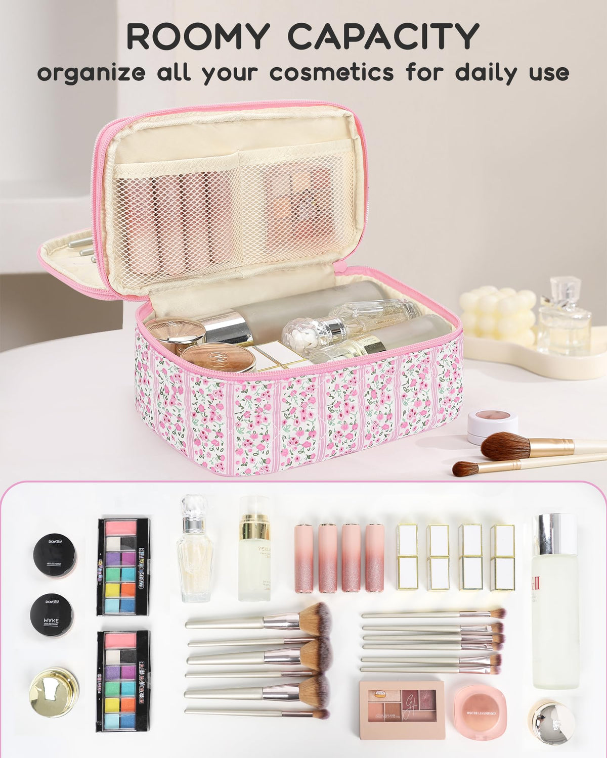 Relavel Cute Pink Makeup Bag side view with mesh pockets