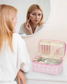 Relavel Cute Pink Makeup Bag with brushes and lipsticks