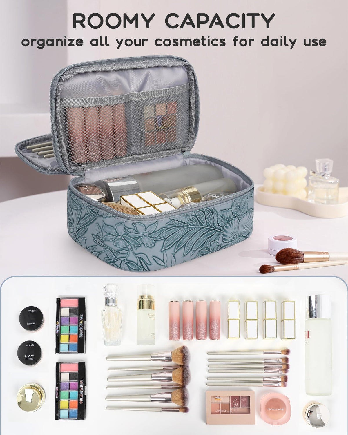 Relavel Cute Pink Makeup Bag with skincare products inside