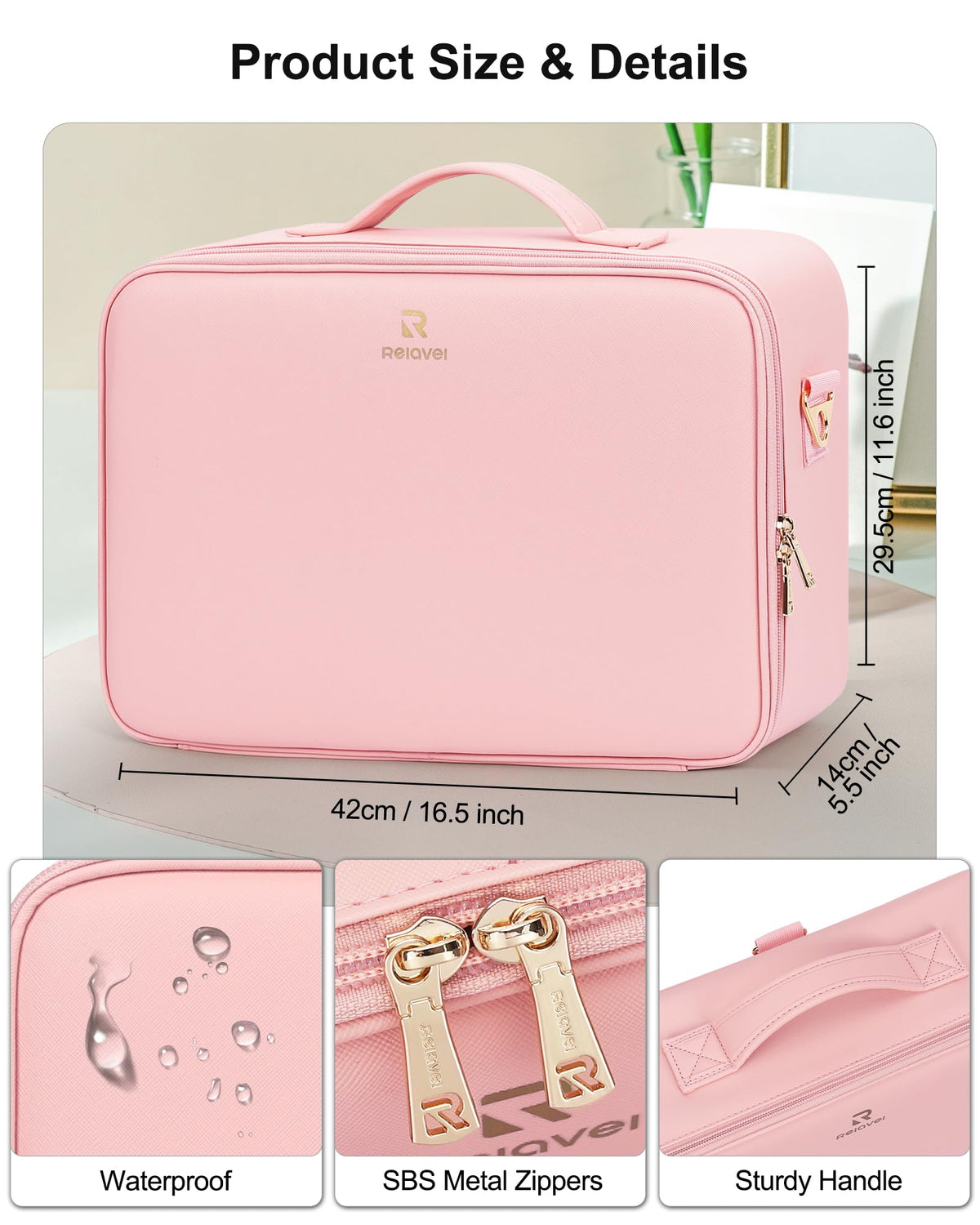 Relavel Large Makeup Case side view showing compartments