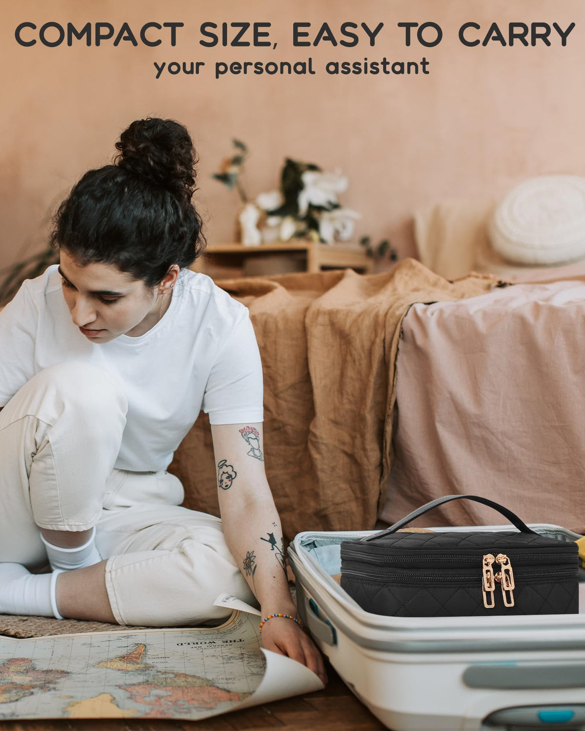 Relavel Large Travel Makeup Bag with elastic bands and mesh pockets