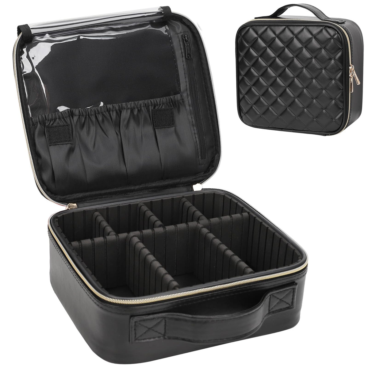 Relavel Makeup Bag front view in black with adjustable dividers