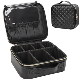 Relavel Makeup Bag front view in black with adjustable dividers