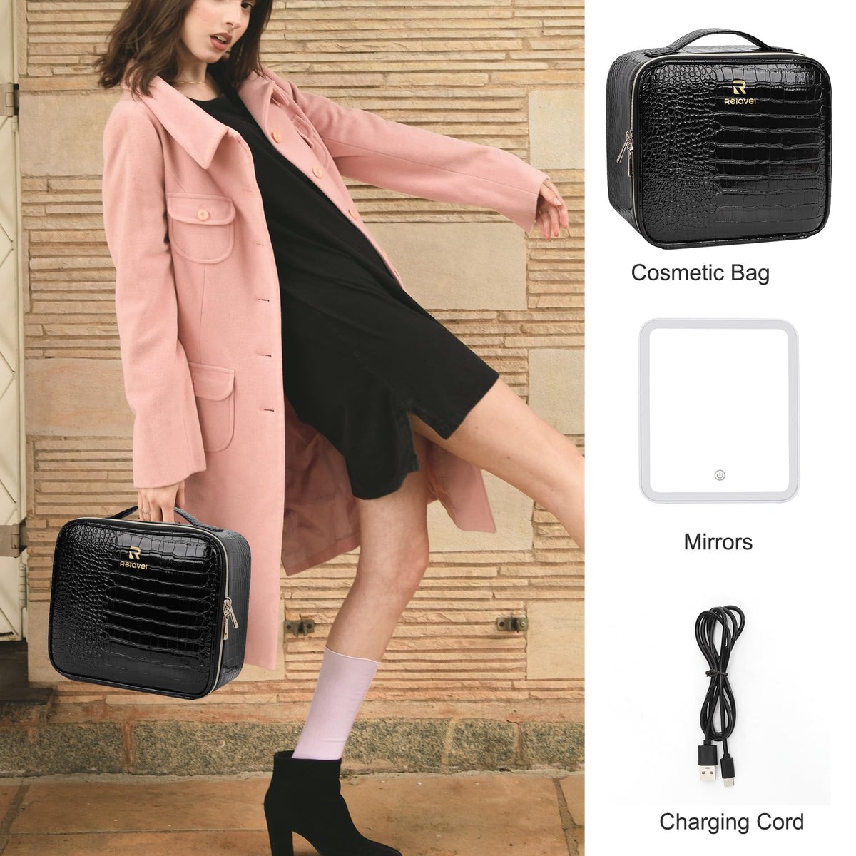 Relavel Makeup Train Case in use with makeup products
