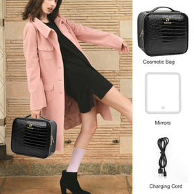 Relavel Makeup Train Case in use with makeup products