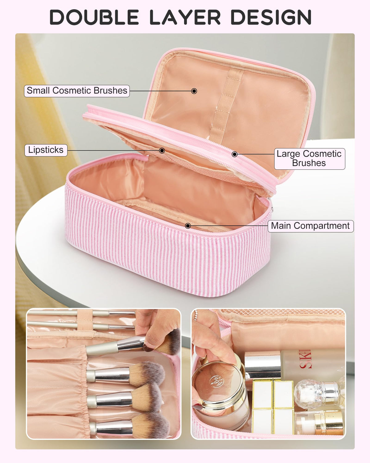Relavel Pink Makeup Bag compact size next to a travel suitcase