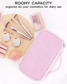 Relavel Pink Makeup Bag with skincare products in the bottom layer