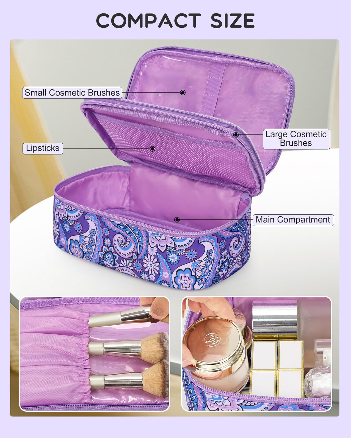 Relavel Small Floral Cosmetic Bag side view displaying brush holders