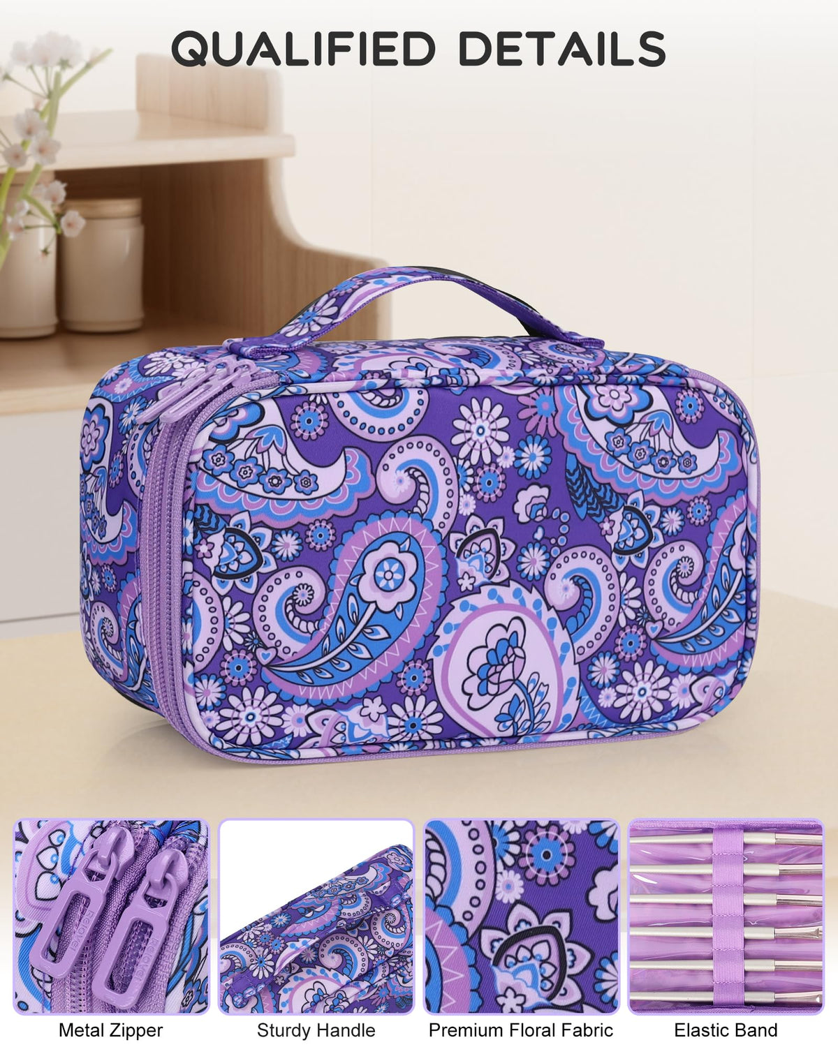 Relavel Small Floral Cosmetic Bag with makeup brushes inside