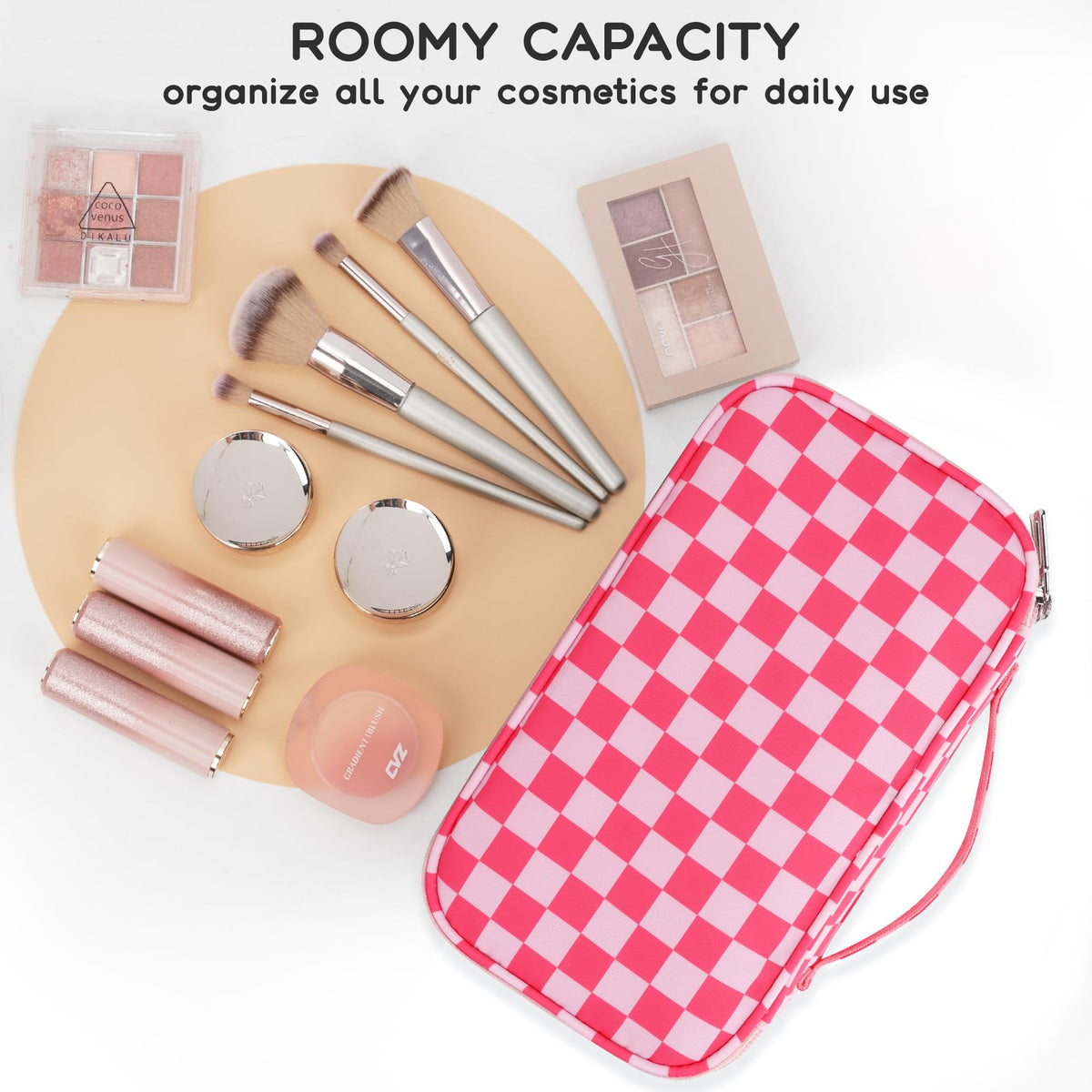 Relavel Small Makeup Bag packed with cosmetics and toiletries