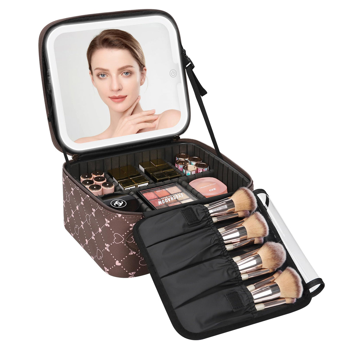 Relavel Travel Makeup Bag brown bowknot with LED mirror front view