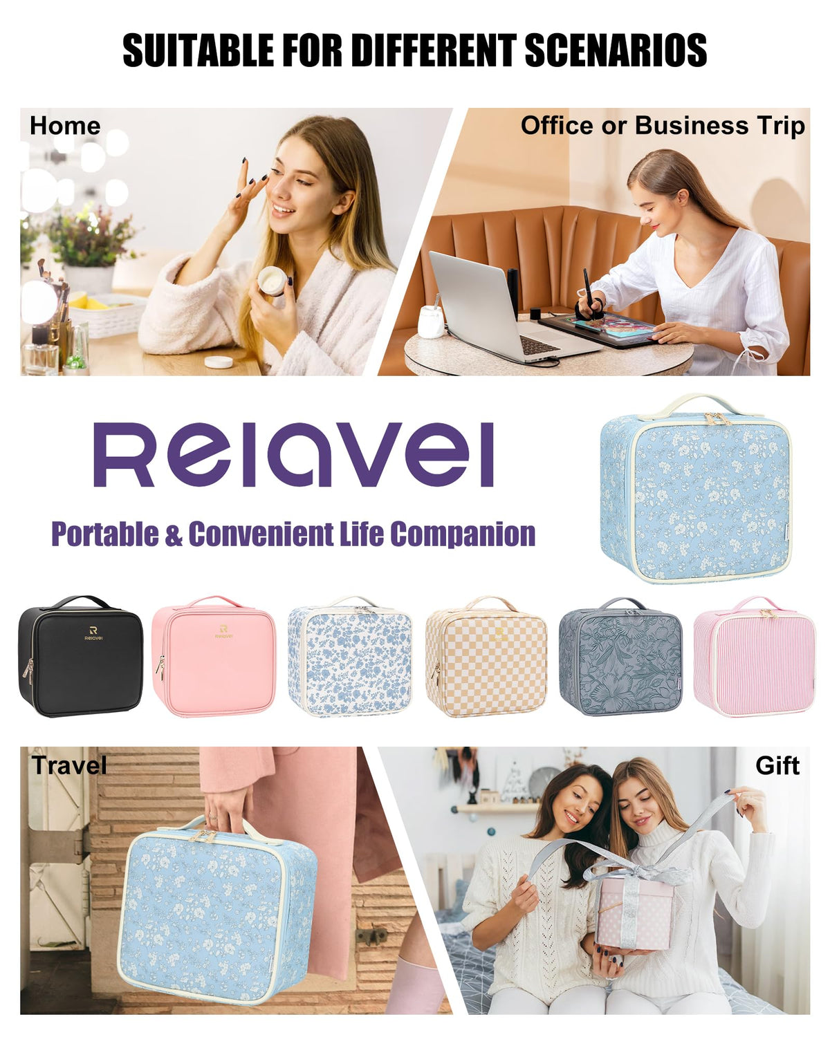 Relavel Travel Makeup Bag displayed on a vanity