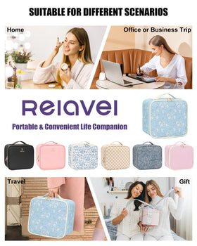 Relavel Travel Makeup Bag displayed on a vanity