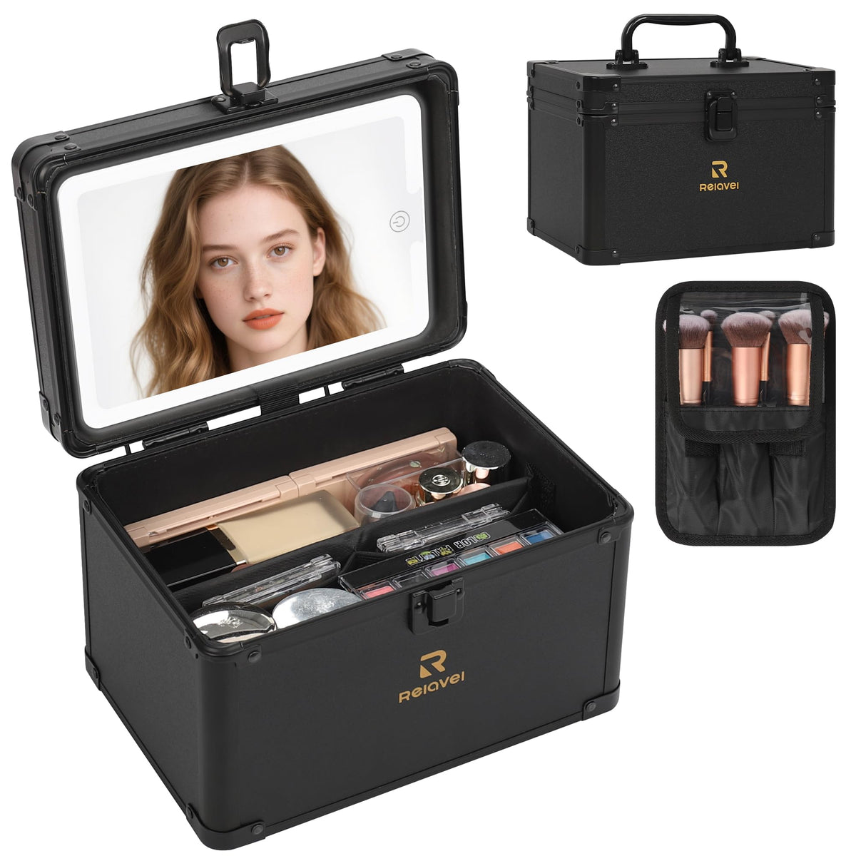 Relavel Travel Makeup Bag front view with LED mirror