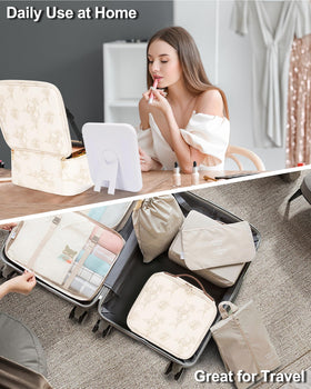 Relavel Travel Makeup Bag in a travel setting with cosmetics