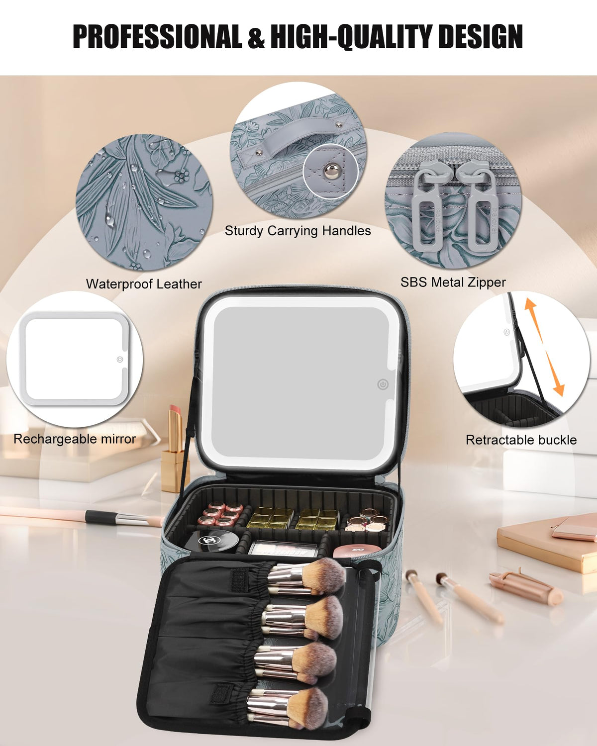 Relavel Travel Makeup Bag in use with cosmetics displayed
