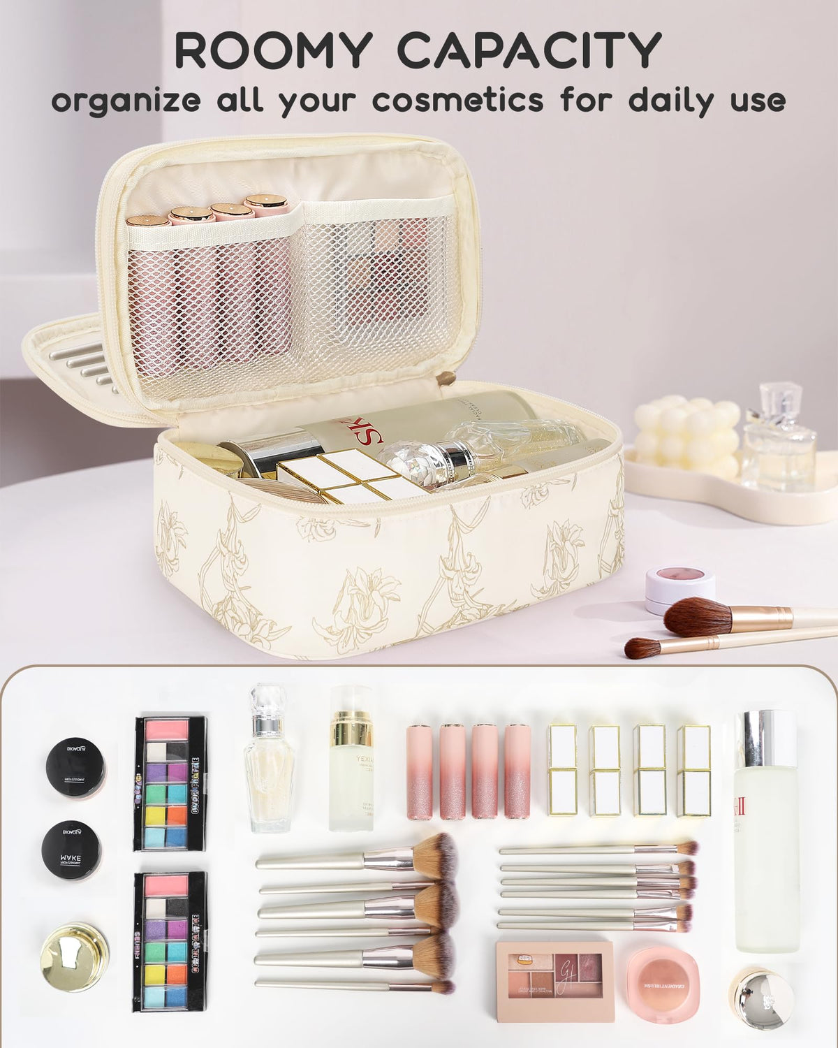 Relavel Travel Makeup Bag opened with cosmetics inside