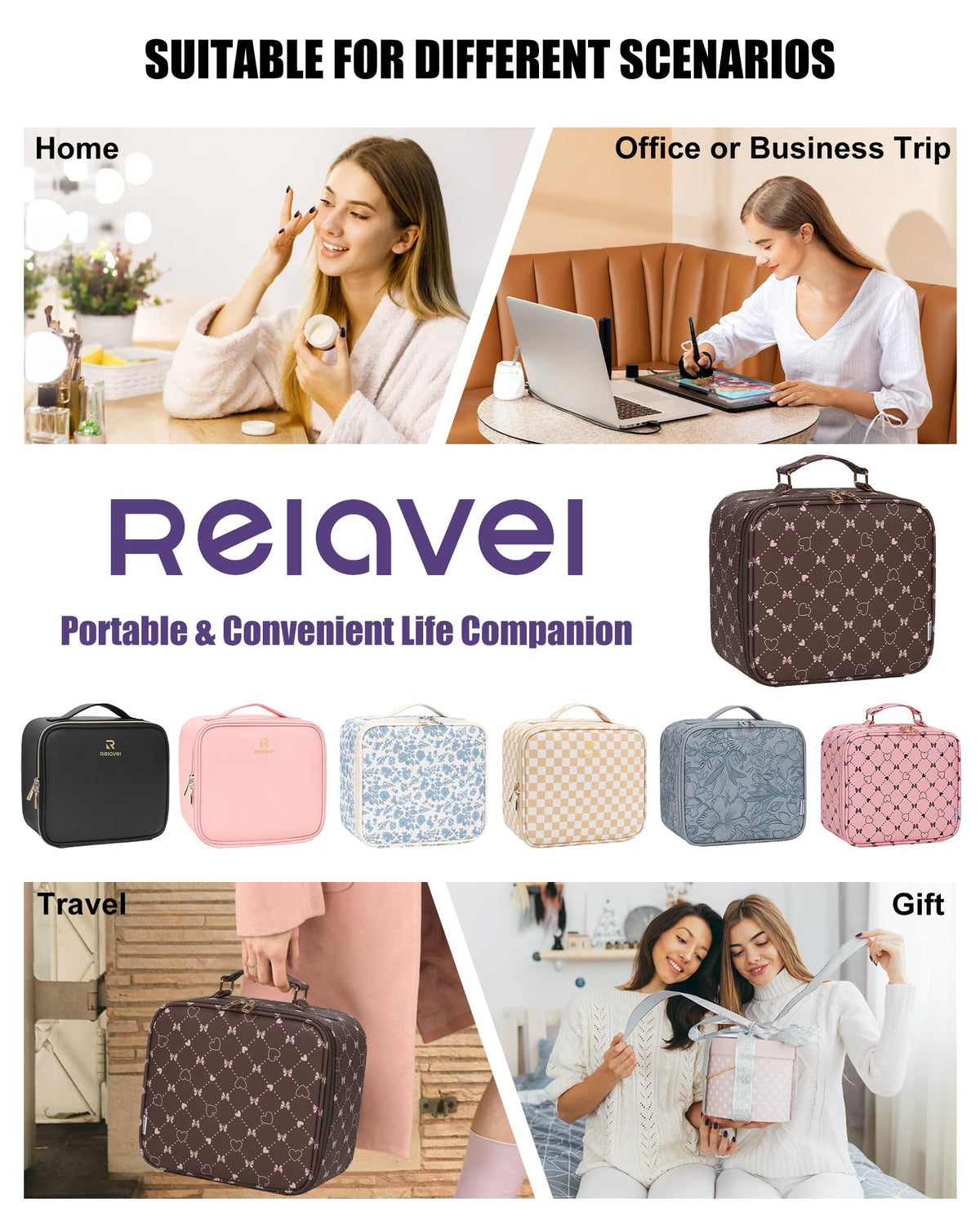 Relavel Travel Makeup Bag packaging with product details