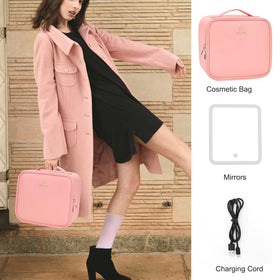 Relavel Travel Makeup Bag pink displayed on a vanity