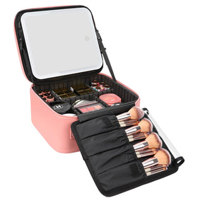 Relavel Travel Makeup Bag pink model front view with LED mirror