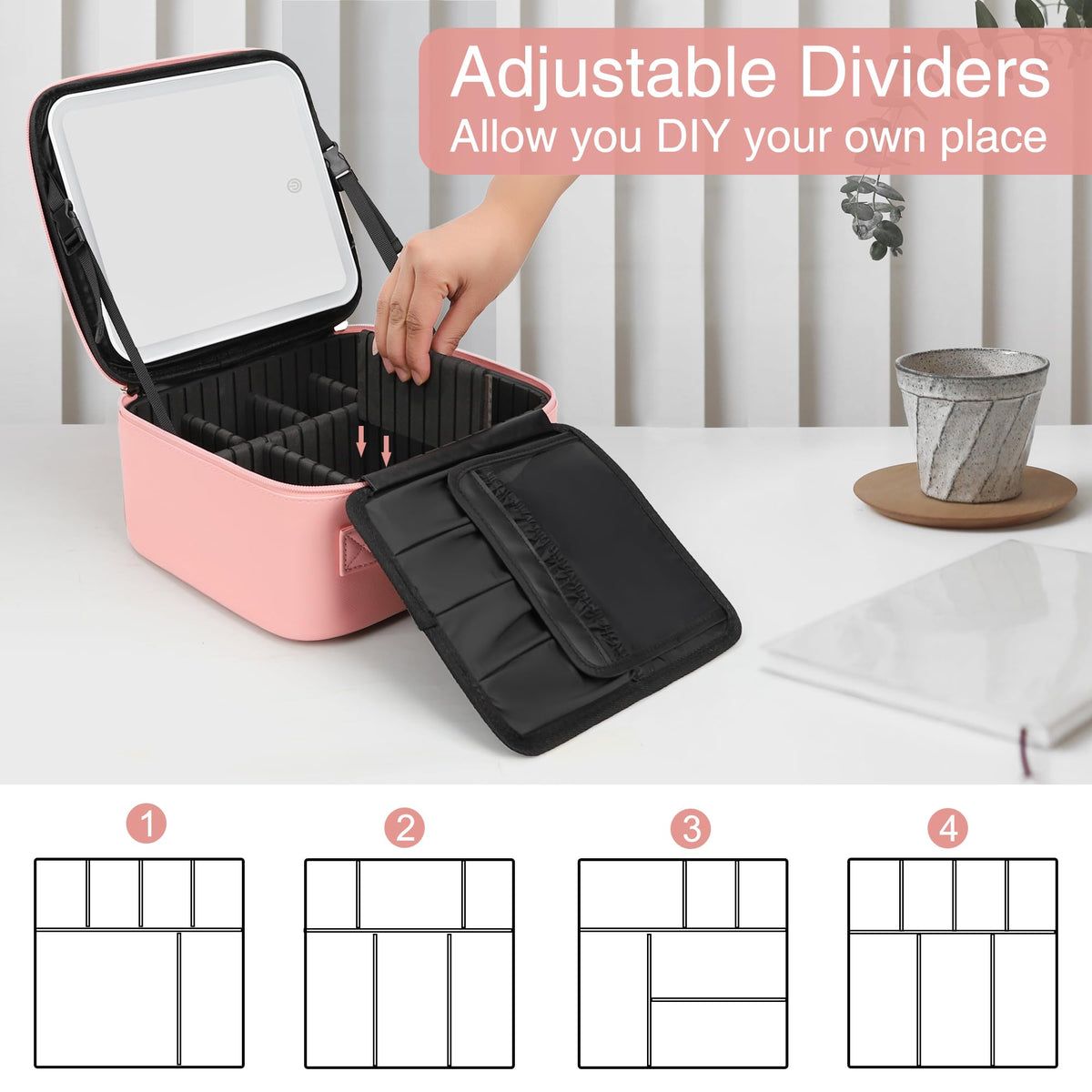 Relavel Travel Makeup Bag pink with LED mirror on