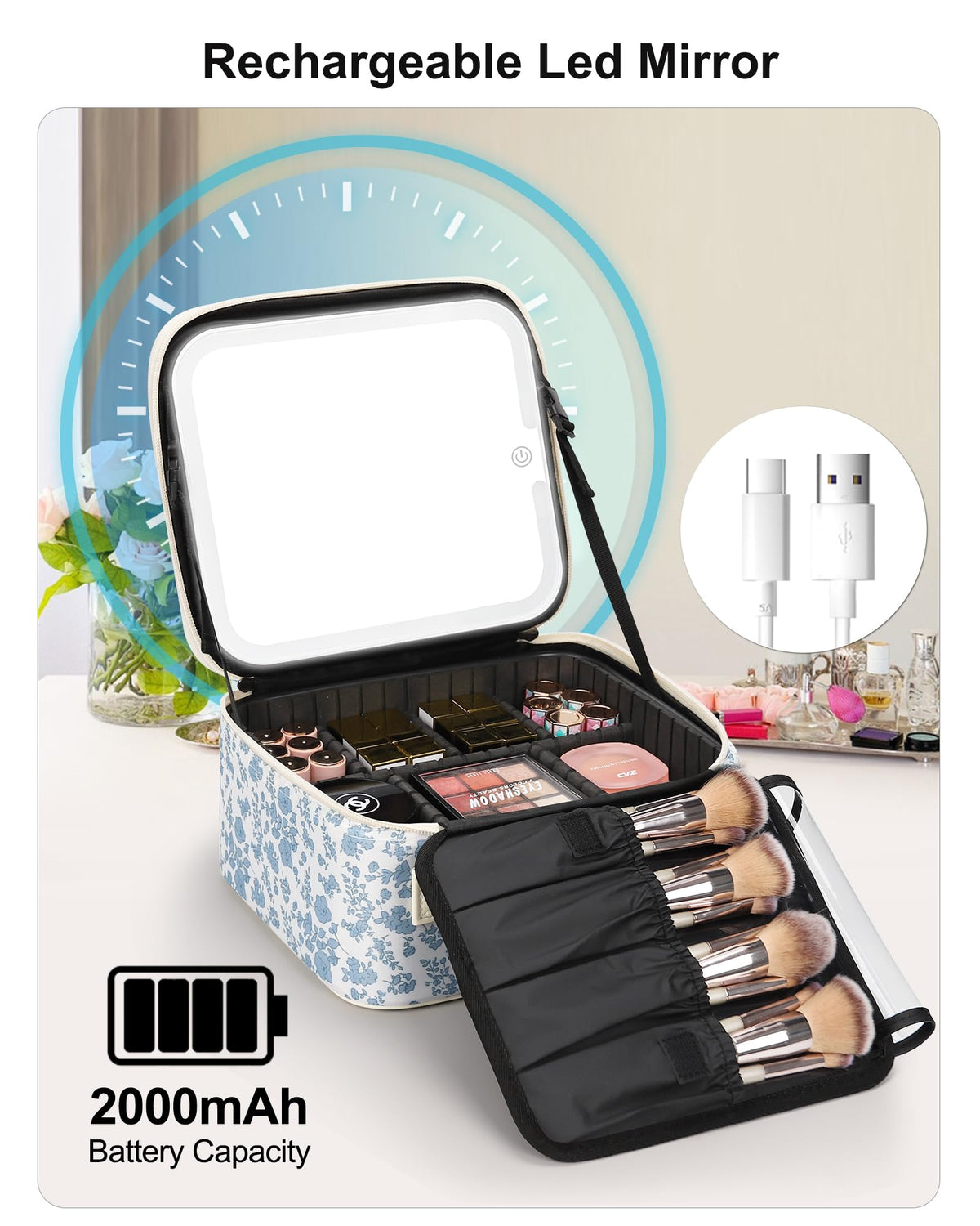 Relavel Travel Makeup Bag showing detachable LED mirror