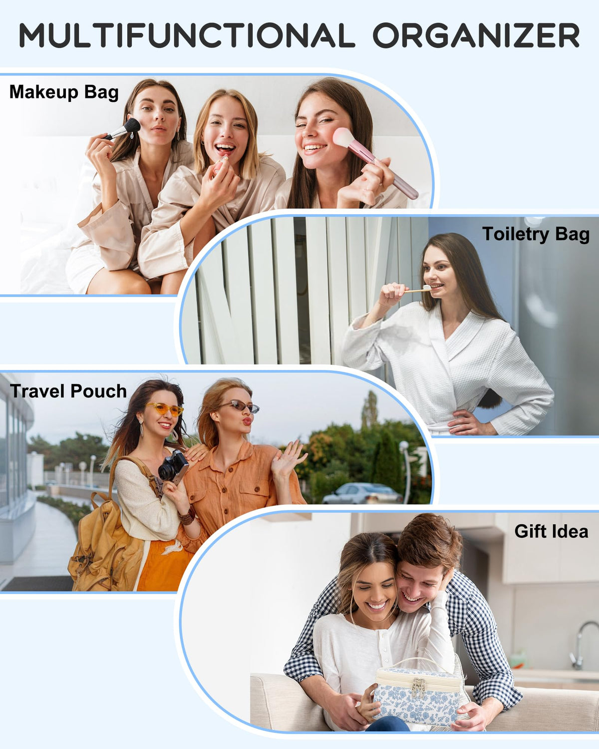 Relavel Travel Makeup Bag with cosmetics organized inside