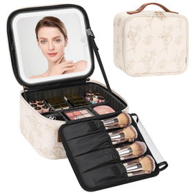 Relavel Travel Makeup Bag with LED Mirror front view, lily flower pattern