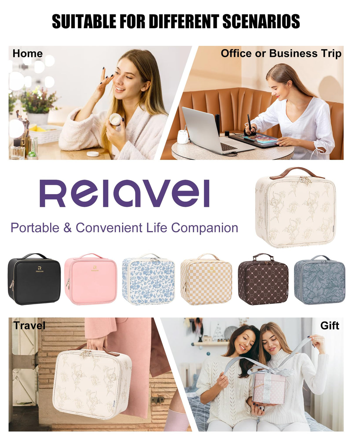 Relavel Travel Makeup Bag with LED mirror in use for makeup application