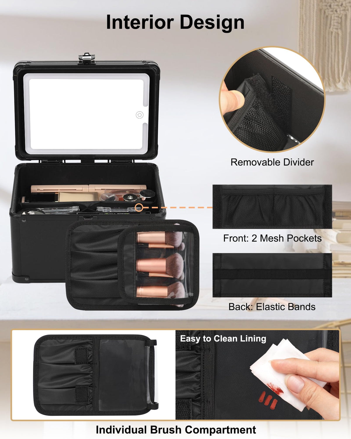 Relavel Travel Makeup Bag with makeup brushes in compartment