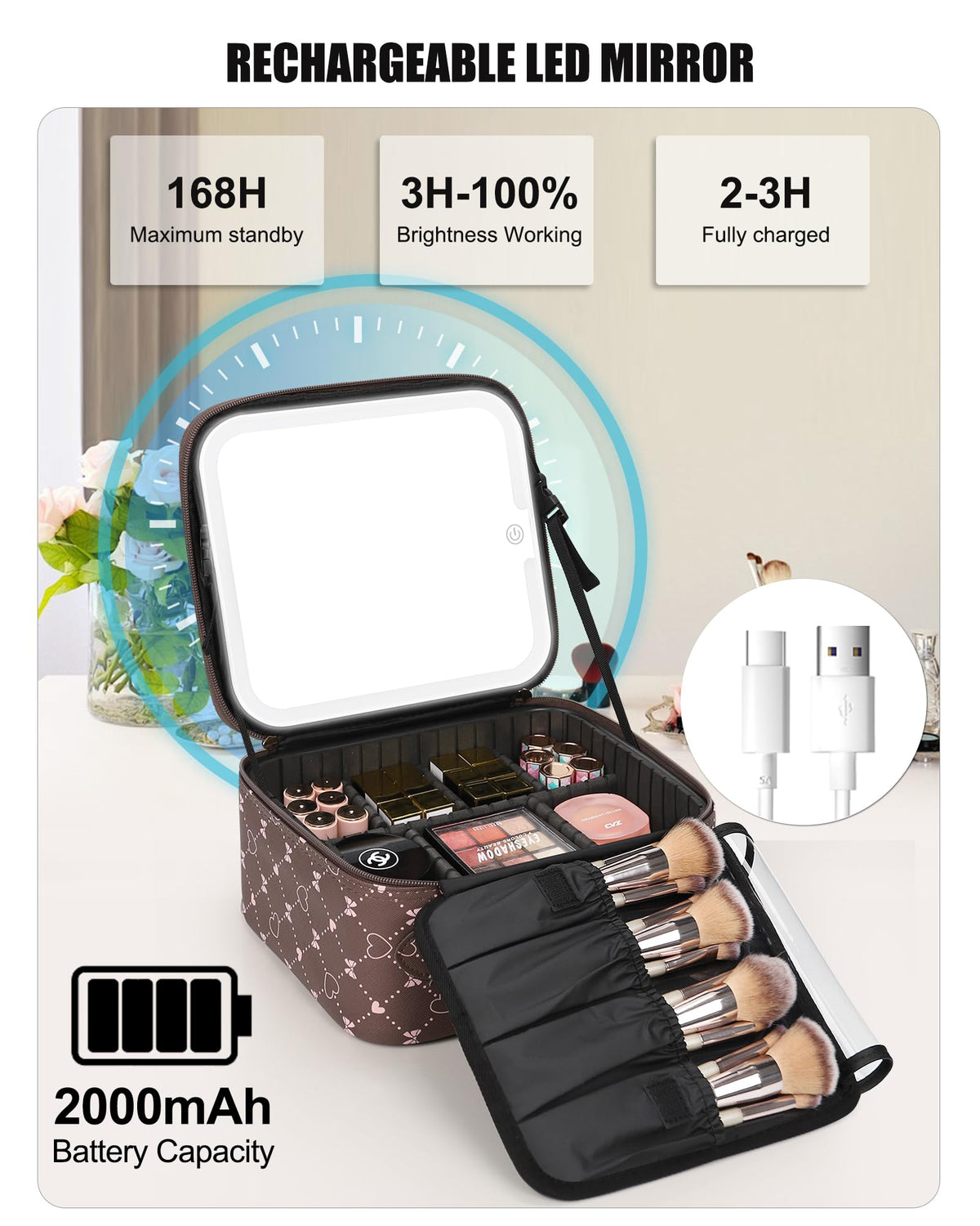 Relavel Travel Makeup Bag with makeup brushes in holders
