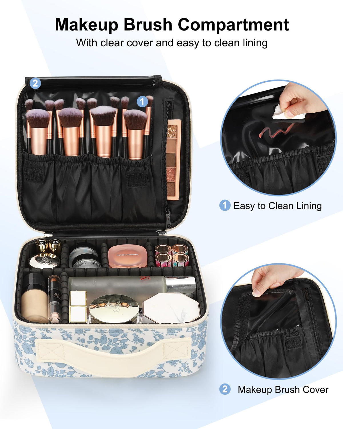 Relavel Travel Makeup Case brush compartment with clear cover