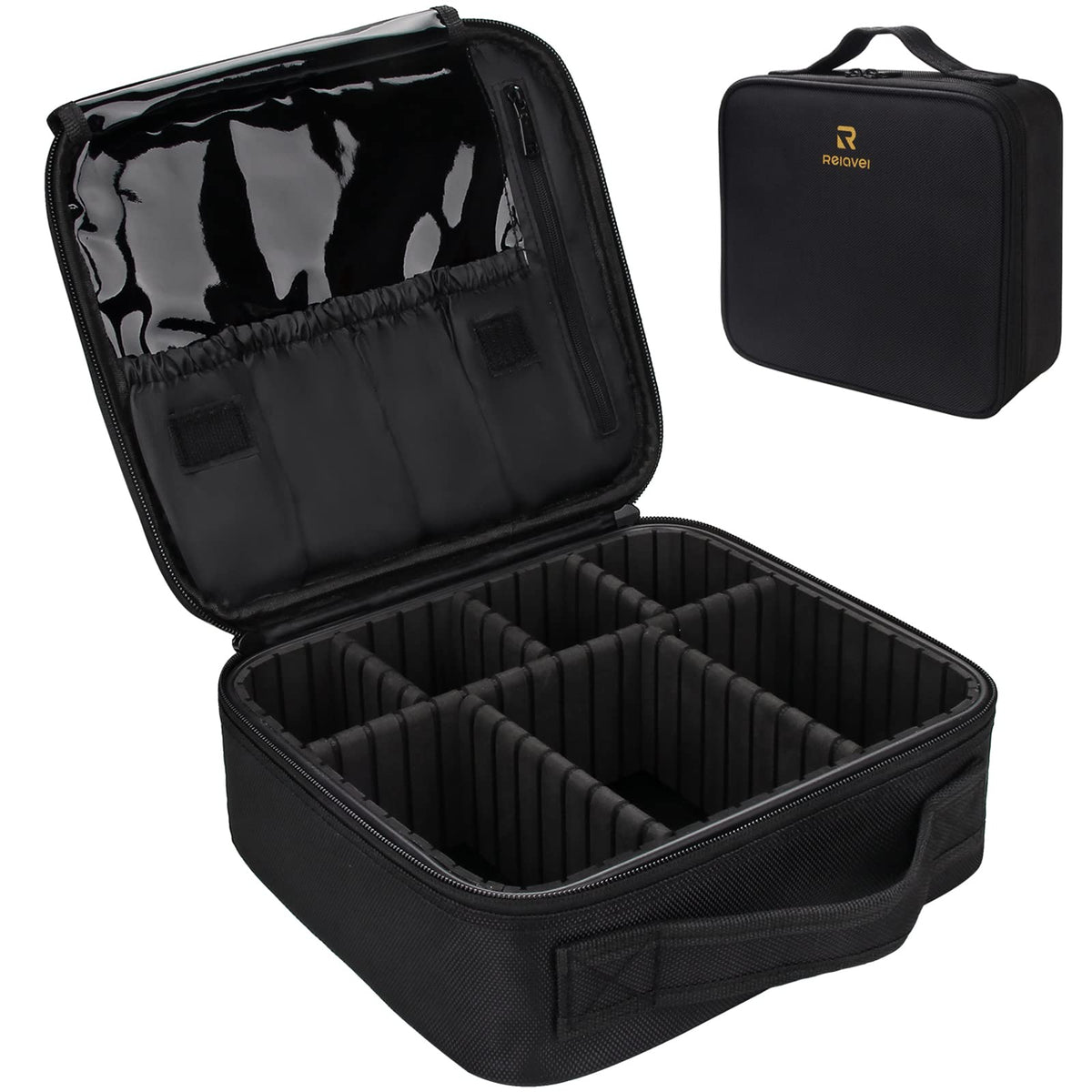 Relavel Travel Makeup Train Case front view in black