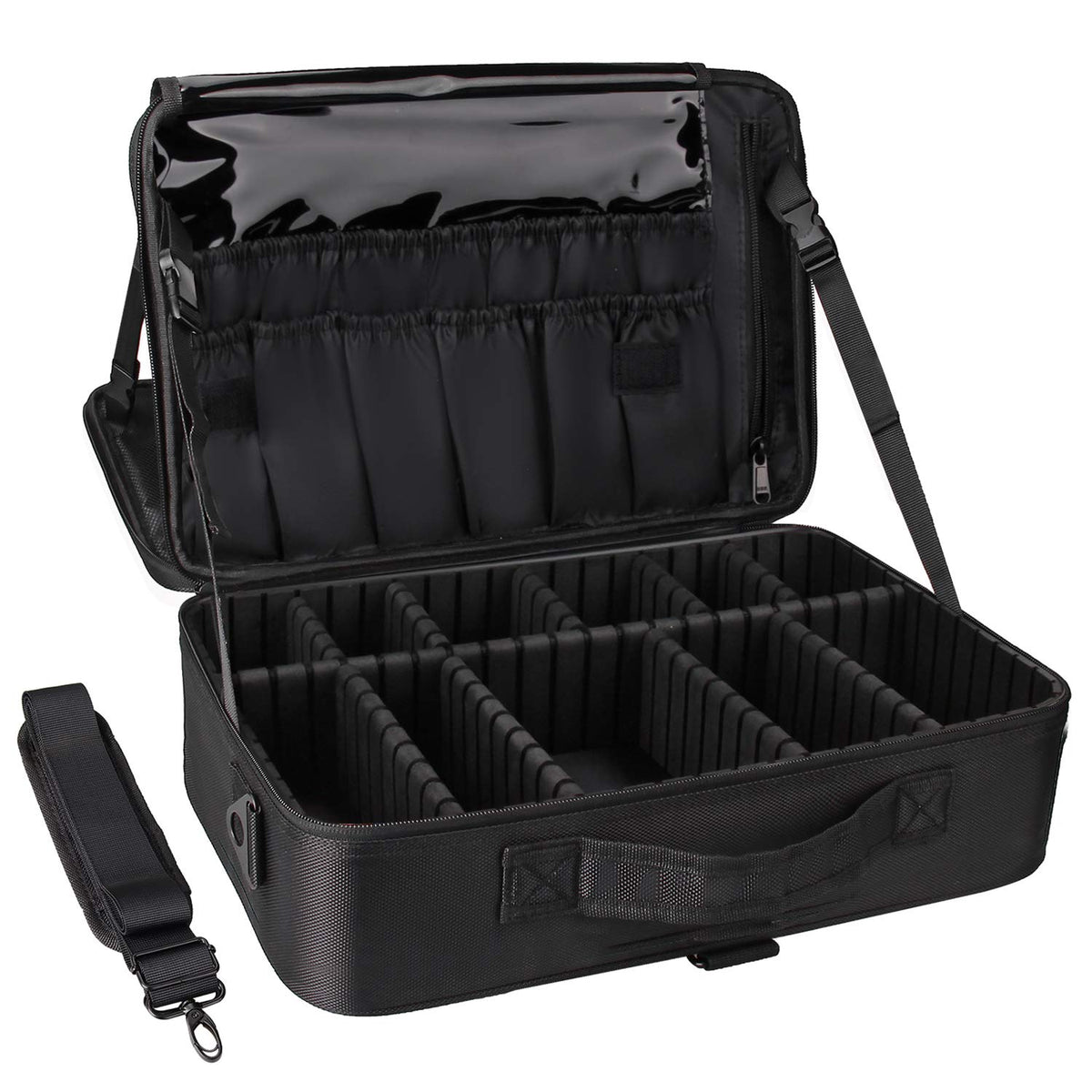 Relavel Travel Makeup Train Case front view with adjustable dividers