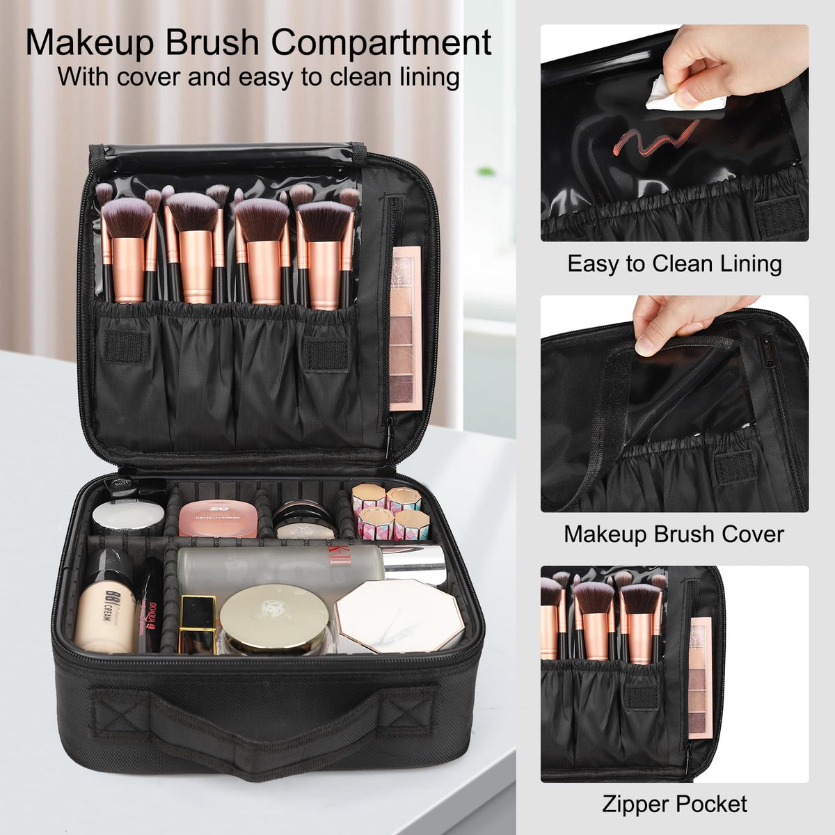 Relavel Travel Makeup Train Case interior showing adjustable dividers