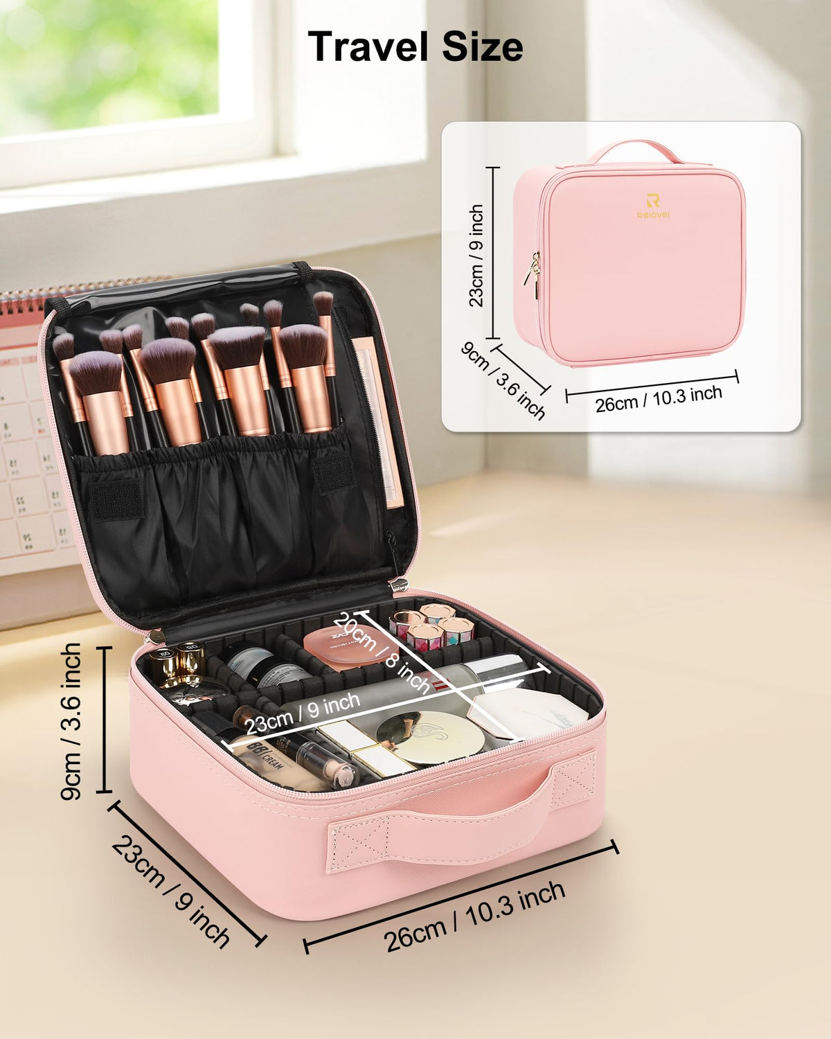 Relavel Travel Makeup Train Case on a travel suitcase