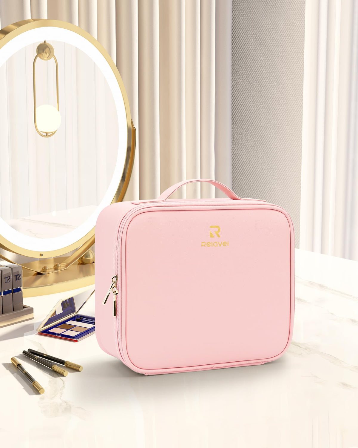 Relavel Travel Makeup Train Case open with various cosmetics