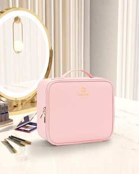 Relavel Travel Makeup Train Case open with various cosmetics
