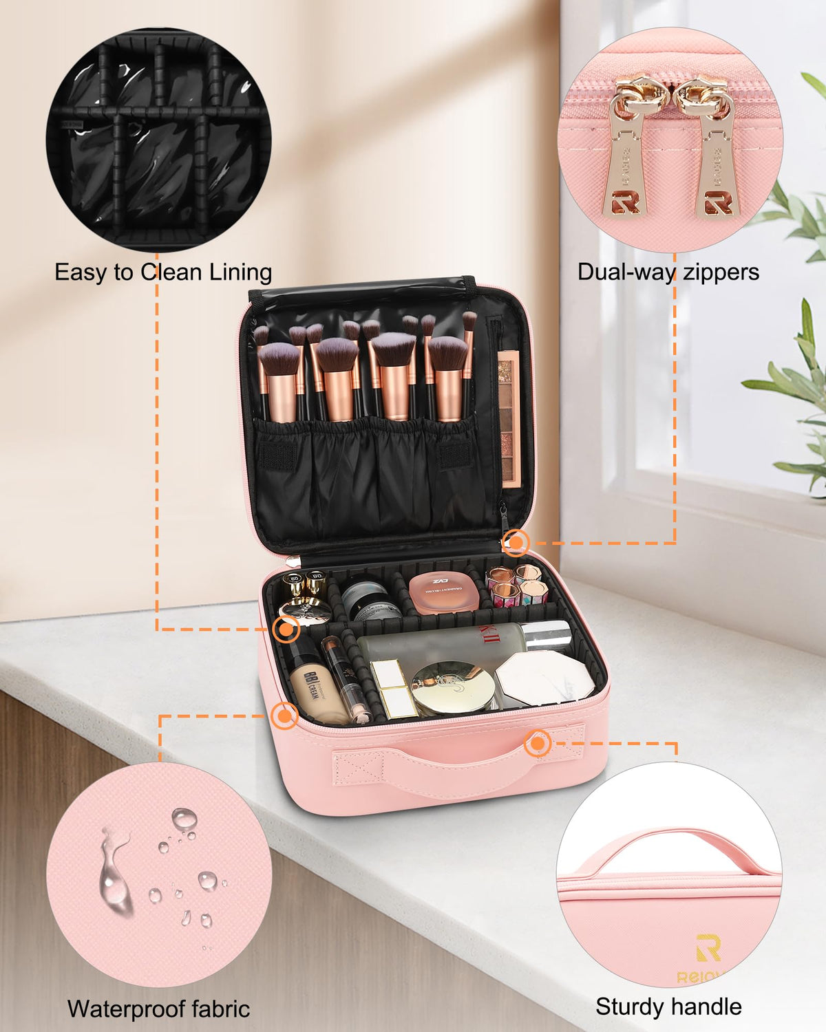 Relavel Travel Makeup Train Case side view with zipper
