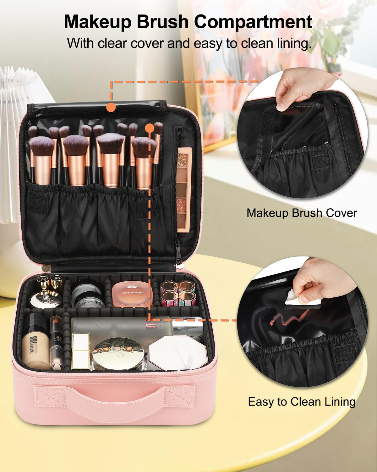 Relavel Travel Makeup Train Case with cosmetics arranged inside