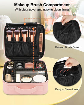Relavel Travel Makeup Train Case with cosmetics arranged inside