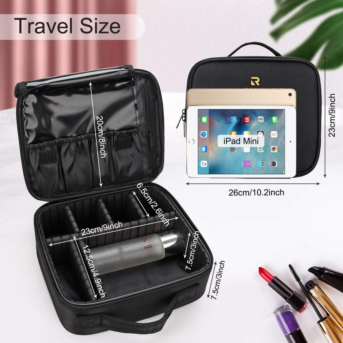 Relavel Travel Makeup Train Case with makeup brushes and lipsticks inside